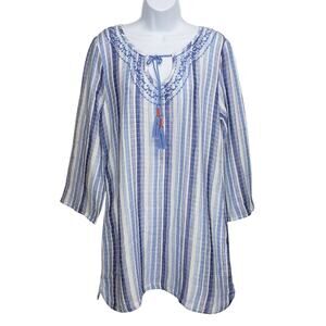 Hatley Blue White Striped Embroidered Tunic Top M Tall Resort Wear